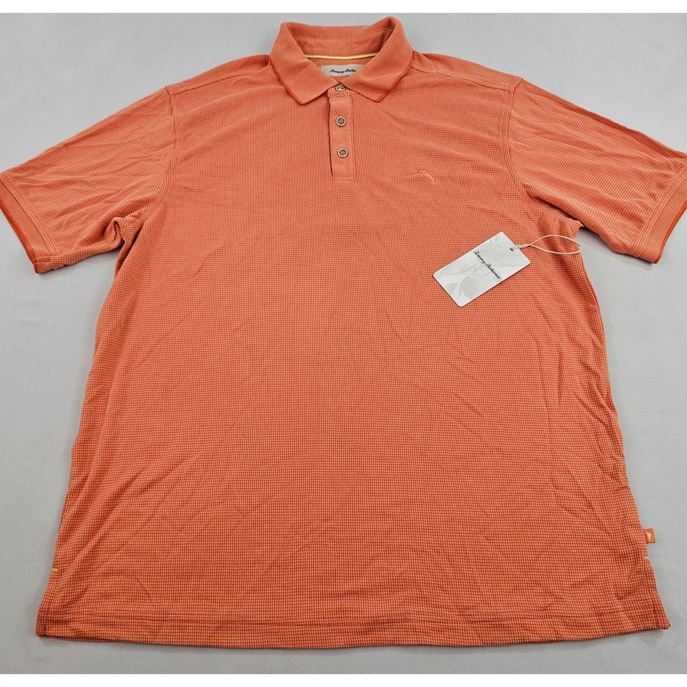Tommy Bahama polo shirt mens L Large orange 3 button cotton tencel logo 47"